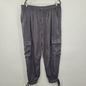 Gray Satin Cargo Jogger Pants w/Ankle Ties
